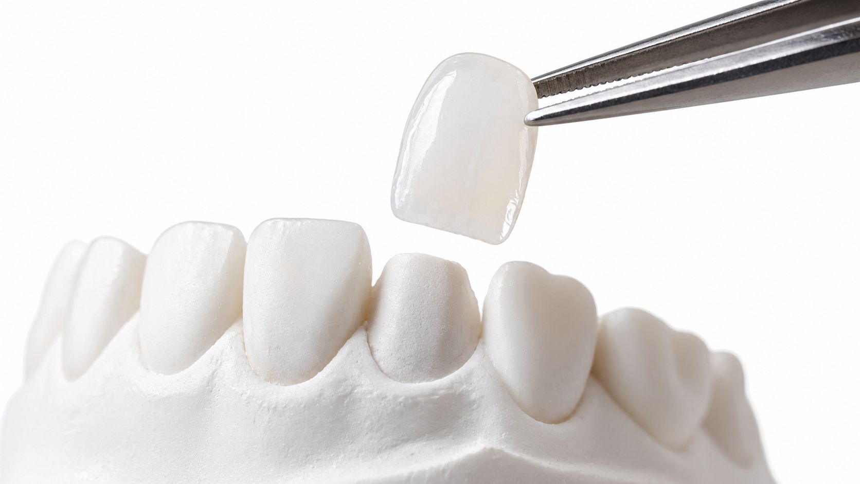 A close-up view of a dental model with a porcelain veneer being held by metal tweezers.