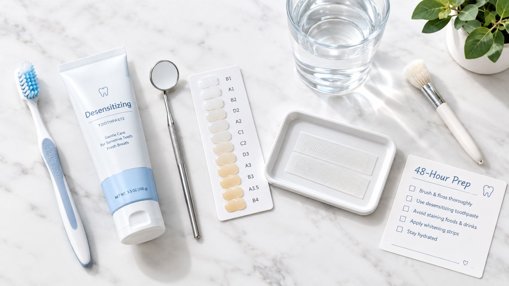 A flat lay of dental care products including toothpaste, whitening strips, a tooth shade guide and toothbrush.