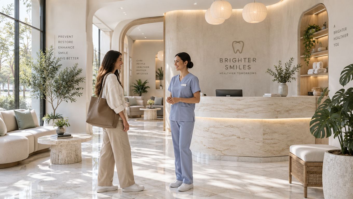 A friendly receptionist in blue scrubs welcomes a patient to a modern, bright dental clinic lobby.