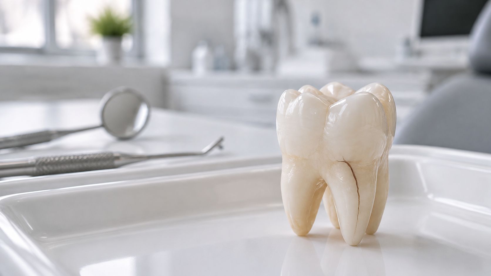 A close-up view of a dental crown model displayed on a white tray next to dental tools.