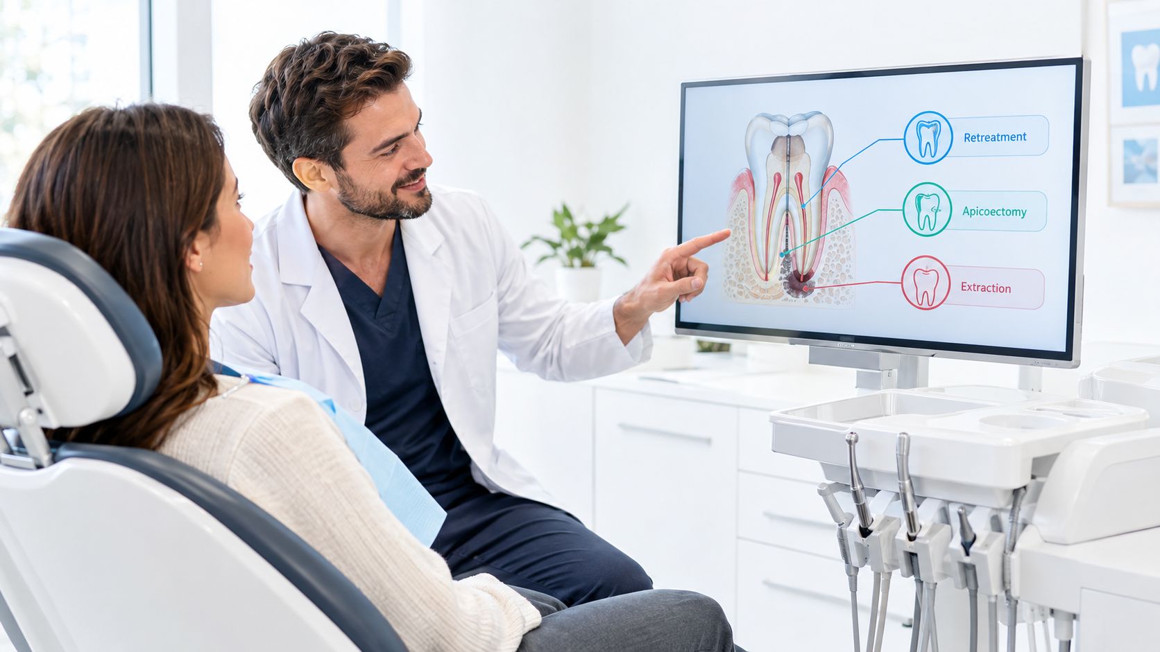 A dentist explaining root canal treatment options to a female patient while pointing at a monitor.