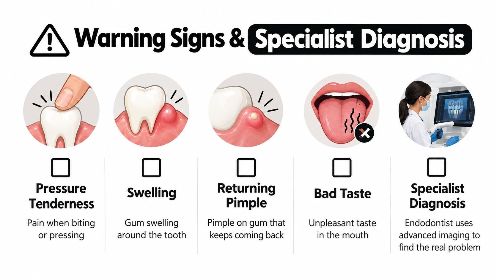An infographic showing common dental warning signs like gum swelling and pressure tenderness alongside specialist diagnosis.